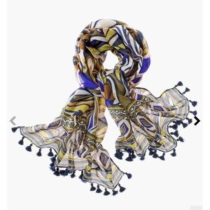 Chicos Octavia Oblong 24x72 Blue and Green Polyester Scarf with Tassels NEW
